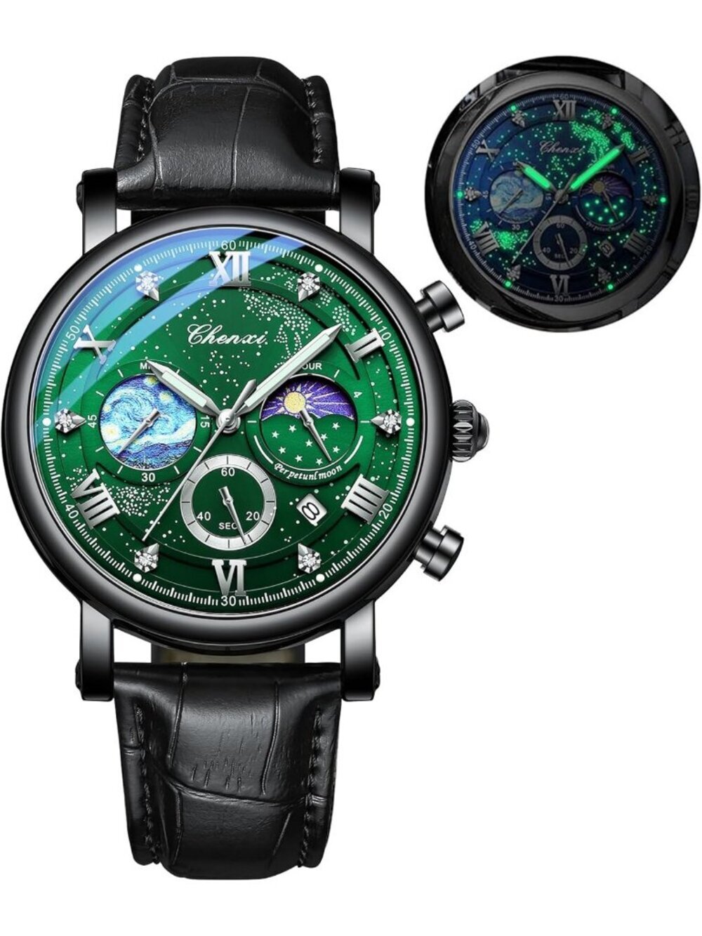 Men Green Black Leather Multifunctional Military Sports Analog Chronograph Watch
